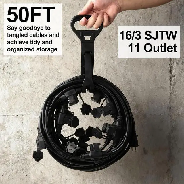 Alt view image 4 of 7 - Black 50FT Outdoor Extension Cord for Multiple Outlets - 11 Outlets | 16/3 Gauge SJTW Heavy Duty Weatherproof Power Cord for ETL Listed Extension Cable for Garden, Stage, Christmas Lights