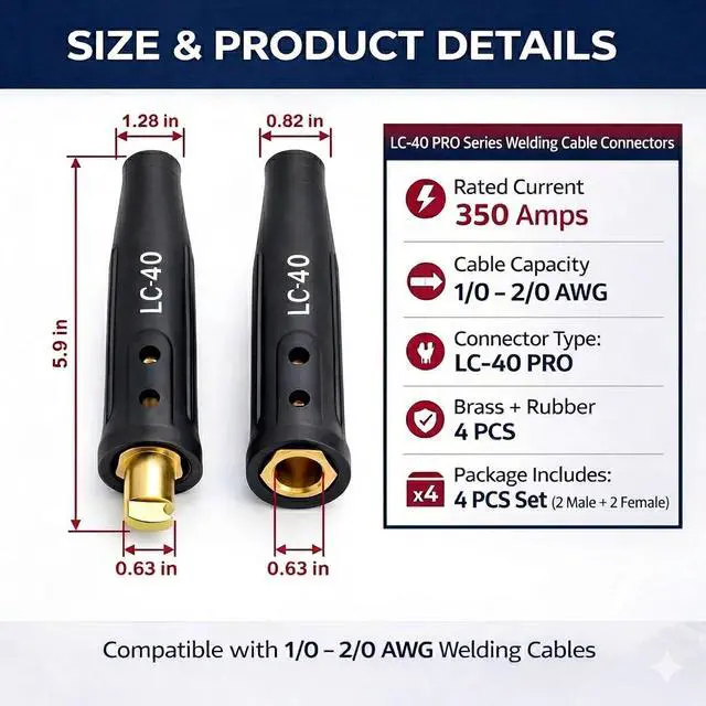 Alt view image 2 of 7 - 2 Pack LC-40 Welding Cable Quick Connectors, Male & Female Welding Lead Plug Set, 350A Heavy Duty for 1/02/0 Cables