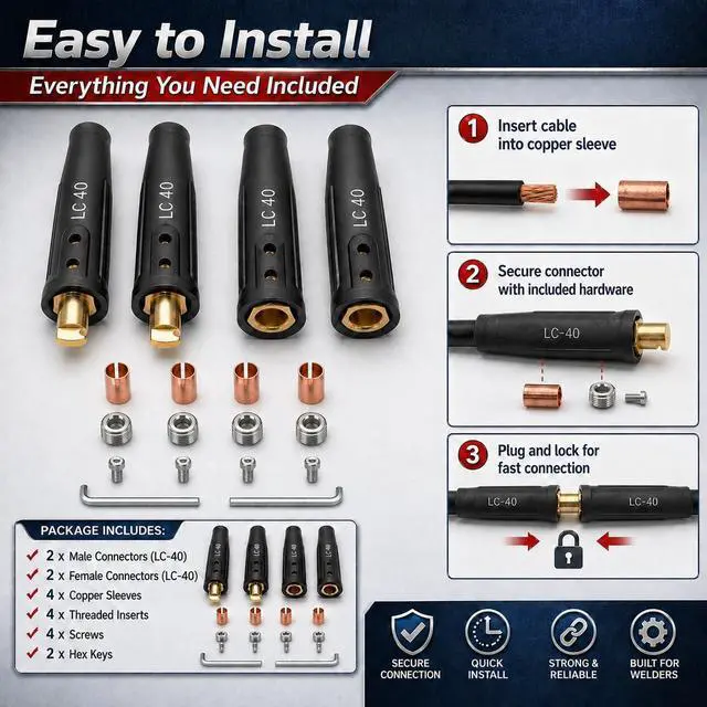Alt view image 3 of 7 - 2 Pack LC-40 Welding Cable Quick Connectors, Male & Female Welding Lead Plug Set, 350A Heavy Duty for 1/02/0 Cables