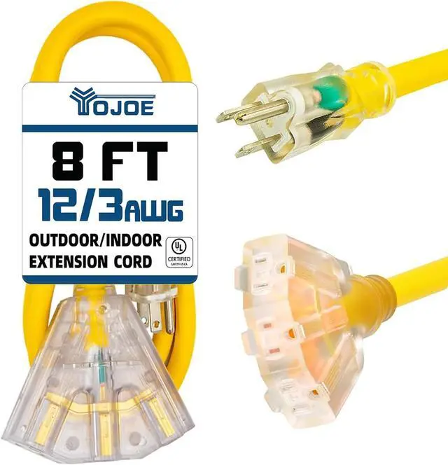 Main image of YOJOE 3-Outlets Indoor Outdoor Extension Cord with Lighted End, 3 Prong 15A Weatherproof Power Cord, 12 Gauge Heavy Duty 8 ft Yellow Extension Cord Multiple Outlets, 12/3 SJTW UL Listed