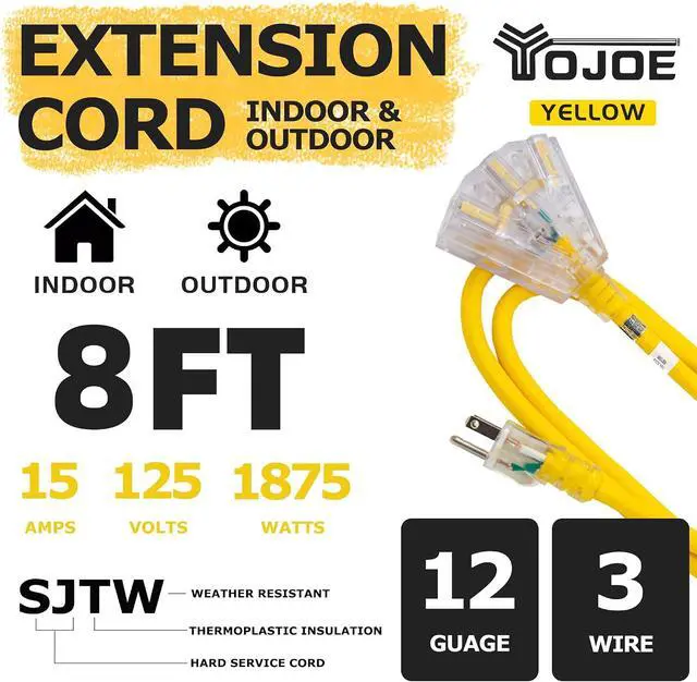 Alt view image 2 of 7 - YOJOE 3-Outlets Indoor Outdoor Extension Cord with Lighted End, 3 Prong 15A Weatherproof Power Cord, 12 Gauge Heavy Duty 8 ft Yellow Extension Cord Multiple Outlets, 12/3 SJTW UL Listed