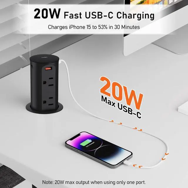 Alt view image 4 of 7 - Pop Up Outlet for Countertop 2.5-Inch,Recessed Power Strip,20W USB C,4 Outlets,Space Saver for Kitchen,Office Desk,Tamper Resistant Receptacle,ETL Listed (Black)