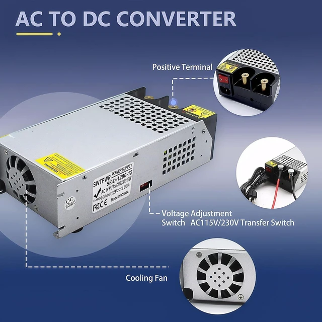 Alt view image 3 of 7 - 1200W Power Supply 110V AC to 12V DC Converter, 100A High Power SMPS Adapter, DC 12 Volt Switching Transformer with Intelligent Cooling for Motor, Winch, 3D Printer, Air Compressor, Pump
