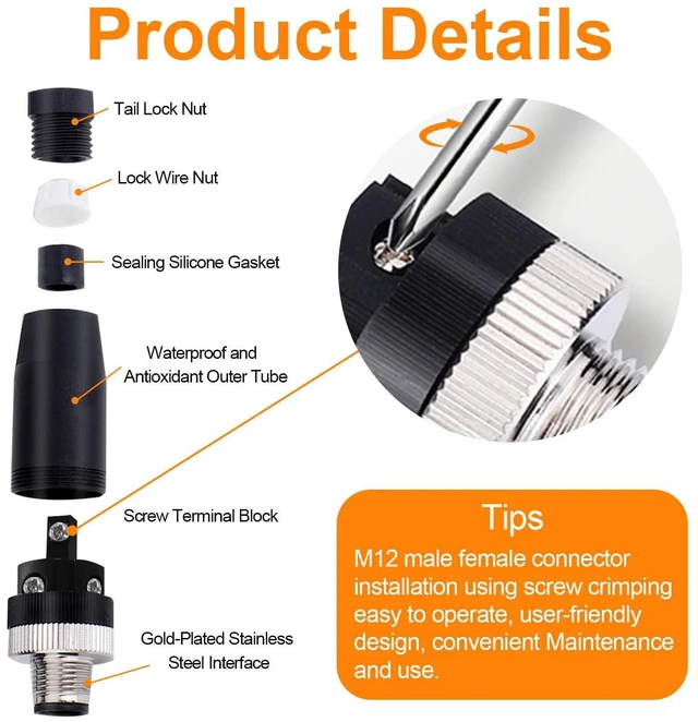 Alt view image 4 of 7 - 10Pcs M12 5-Pin Male Aviation Connector Industrial A-Code Plug Waterproof