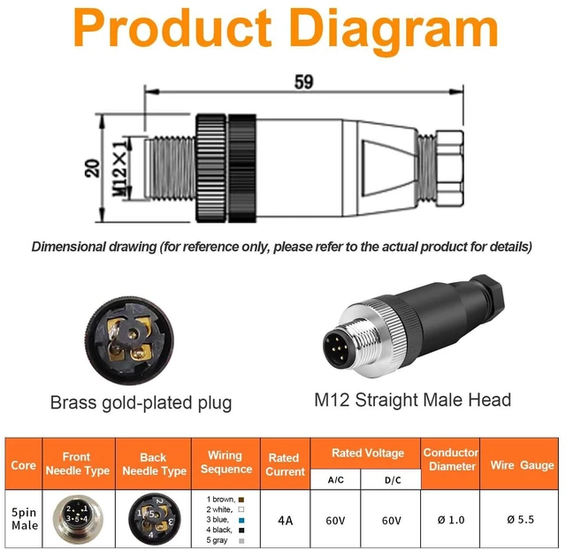 Alt view image 5 of 7 - 10Pcs M12 5-Pin Male Aviation Connector Industrial A-Code Plug Waterproof