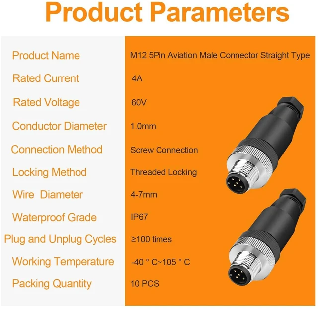 Alt view image 6 of 7 - 10Pcs M12 5-Pin Male Aviation Connector Industrial A-Code Plug Waterproof
