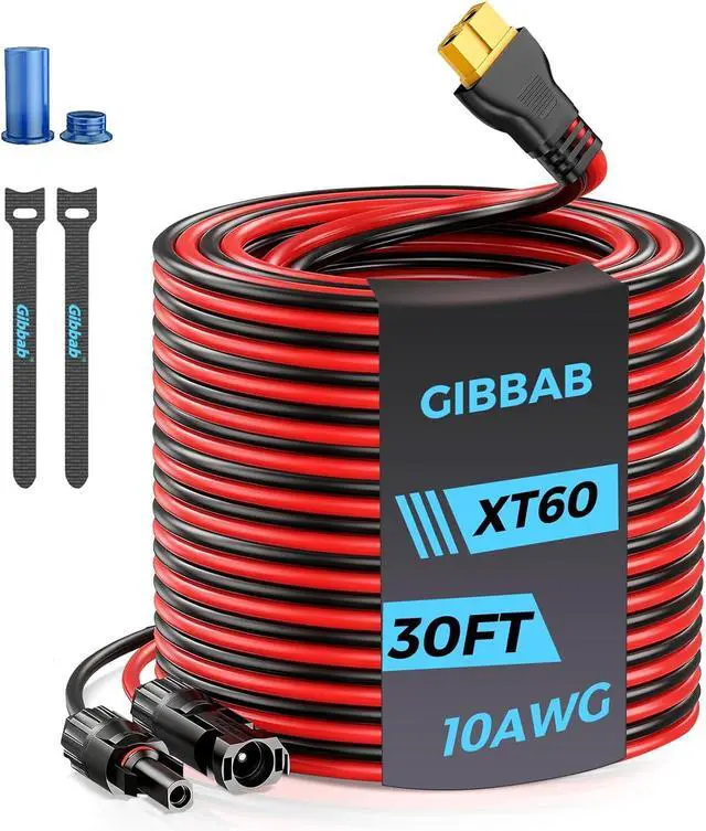 Main image of 30FT 10AWG XT60 Solar Charging Cable, GIBBAB Solar Panel Connector to XT60 Extension Charge Adapter Cable with Caps & Wire Ties for LiFePO4 Battery RV Portable Power Station Ecoflow Generator