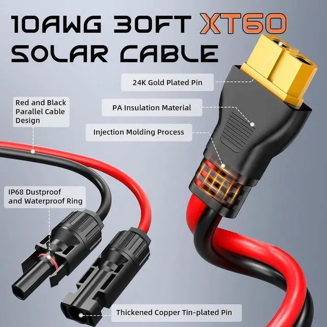 Alt view image 2 of 7 - 30FT 10AWG XT60 Solar Charging Cable, GIBBAB Solar Panel Connector to XT60 Extension Charge Adapter Cable with Caps & Wire Ties for LiFePO4 Battery RV Portable Power Station Ecoflow Generator