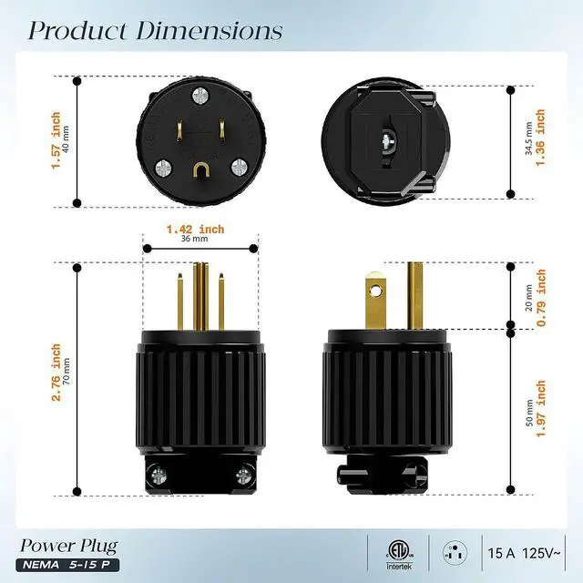 Alt view image 2 of 7 - (10PACK) Nema 5-15P Male Plug, ETL Listed 15AMP/125VOLT,15A Straight DIY Male, USA/Canada 3-Prong Connector, Household AC Industrial Grade Plug Black Color
