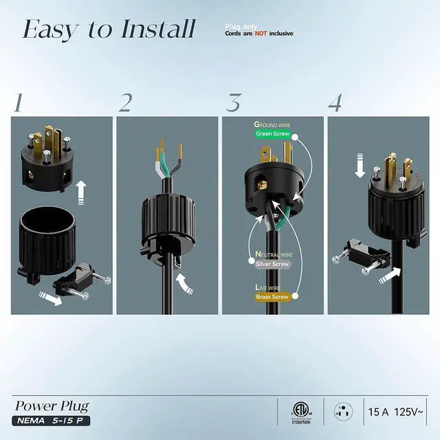 Alt view image 3 of 7 - (10PACK) Nema 5-15P Male Plug, ETL Listed 15AMP/125VOLT,15A Straight DIY Male, USA/Canada 3-Prong Connector, Household AC Industrial Grade Plug Black Color