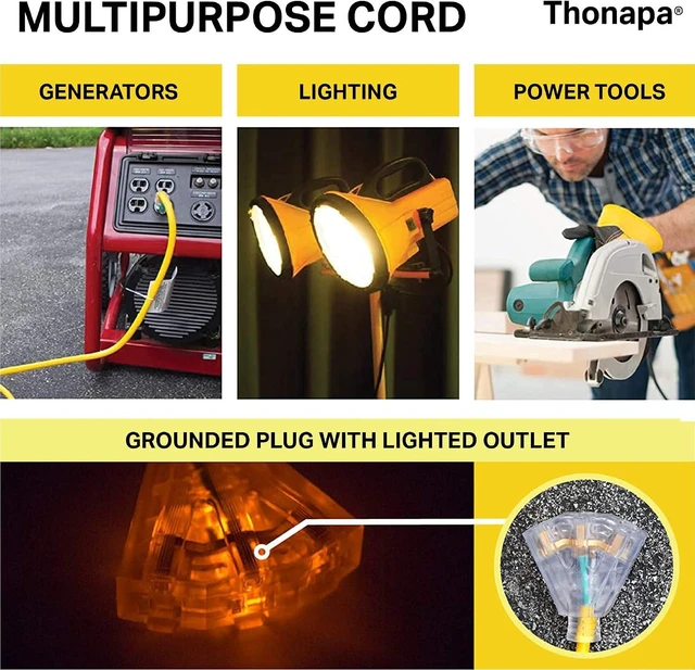 Alt view image 5 of 5 - THONAPA 10 Gauge Outdoor Extension Cord 75 ft with 3 Outlets - Weatherproof Heavy Duty Extension Cord, Multiple Outlets 75 Foot, 10/3 SJTW Yellow Cable with 3 Prong Grounded Plug, 15 Amp