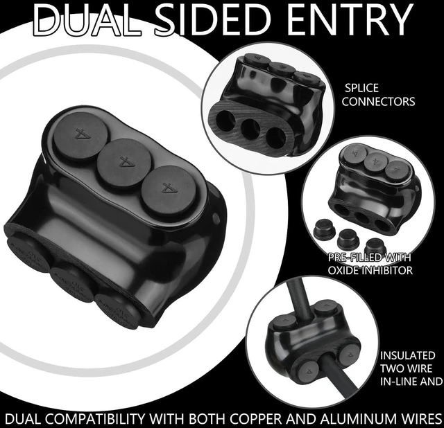 Alt view image 4 of 6 - Kanayu 10 Pcs Black Insulated Multi Cable Connector, 3 Ports Electric Wire Connectors and Soldering Lugs, Single Side Entry Cable Splicers, with Oxide Inhibitor (14-4AWG Range,1.57" x 1.26")