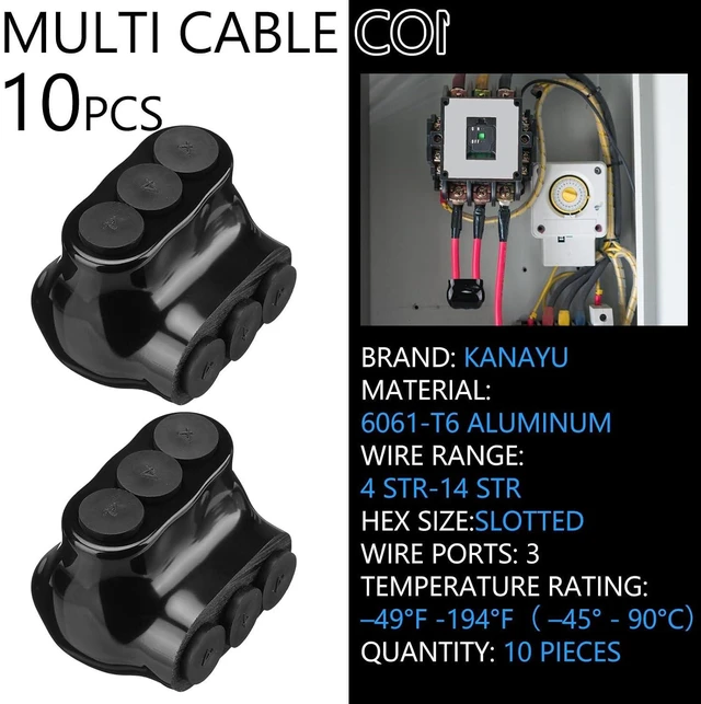 Alt view image 2 of 6 - Kanayu 10 Pcs Black Insulated Multi Cable Connector, 3 Ports Electric Wire Connectors and Soldering Lugs, Single Side Entry Cable Splicers, with Oxide Inhibitor (14-4AWG Range,1.57" x 1.26")