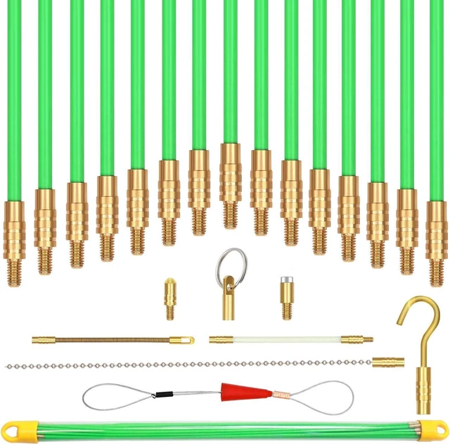 Main image of 33 Feet Fiberglass Fish Tape Cable Rods, Electrical Wire Running Pull/Push Kit with Hook and Hole Kit Glow Rod, Hook Hole, Green
