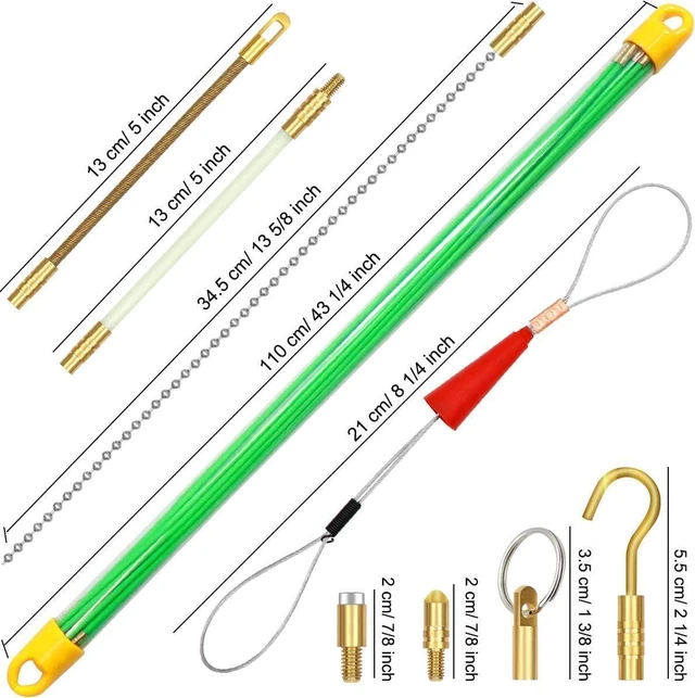 Alt view image 2 of 6 - 33 Feet Fiberglass Fish Tape Cable Rods, Electrical Wire Running Pull/Push Kit with Hook and Hole Kit Glow Rod, Hook Hole, Green