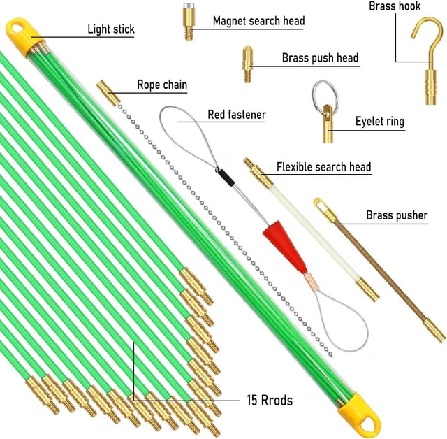 Alt view image 5 of 6 - 33 Feet Fiberglass Fish Tape Cable Rods, Electrical Wire Running Pull/Push Kit with Hook and Hole Kit Glow Rod, Hook Hole, Green