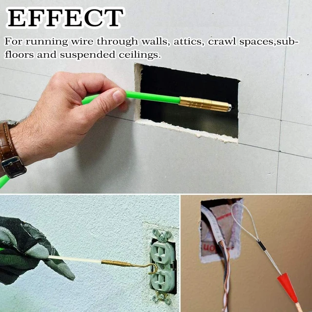 Alt view image 6 of 6 - 33 Feet Fiberglass Fish Tape Cable Rods, Electrical Wire Running Pull/Push Kit with Hook and Hole Kit Glow Rod, Hook Hole, Green