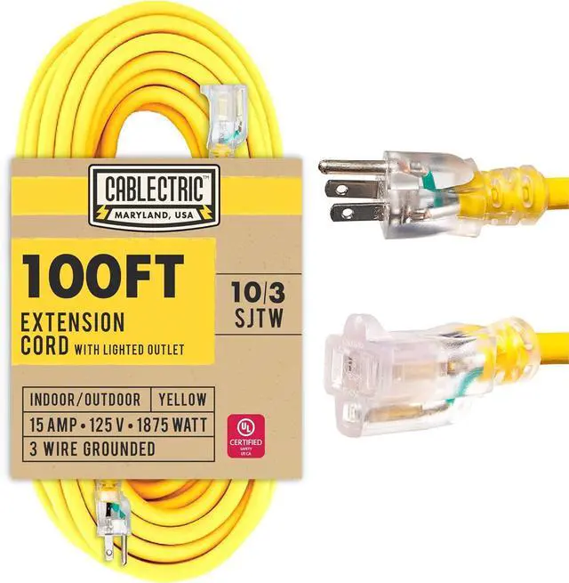 Main image of 100 Ft Heavy Duty Extension Cord, 10 Gauge Extension Cord 100ft, Weatherproof Yellow with 3 Prong Lighted Plug SJTW 10/3, American Veteran Owned Company