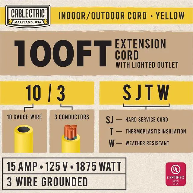 Alt view image 2 of 7 - 100 Ft Heavy Duty Extension Cord, 10 Gauge Extension Cord 100ft, Weatherproof Yellow with 3 Prong Lighted Plug SJTW 10/3, American Veteran Owned Company