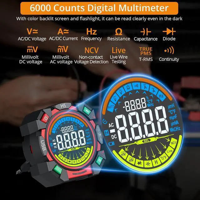 Alt view image 2 of 7 - Neoteck 6000 Counts TRMS Multimeter Rechargeable Auto-Ranging Volt Meter for AC/DC Voltage & Current Electric Meter Tester with Color Screen for NCV Diode Continuity Resistance Capacitance