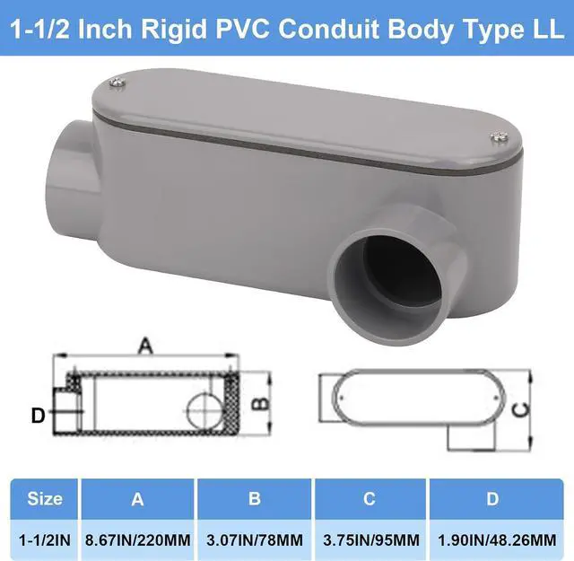 Alt view image 2 of 7 - 2Pack 1-1/2 Inch Rigid PVC Conduit Body Type LL 1.50IN Slip x Slip PVC Conduit Bodies LL Type with Cover and Gasket, Gray