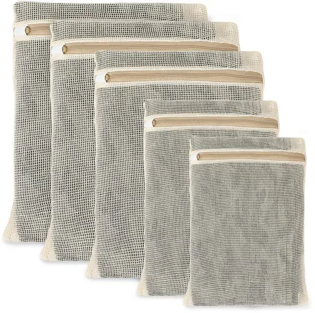 Main image of 5 Pcs Cotton Mesh Laundry Bags, Sturdy Zipper Breathable Exquisite Wash Bags for Delicates, Underwear, Clothes, with 5 Sizes, Natural