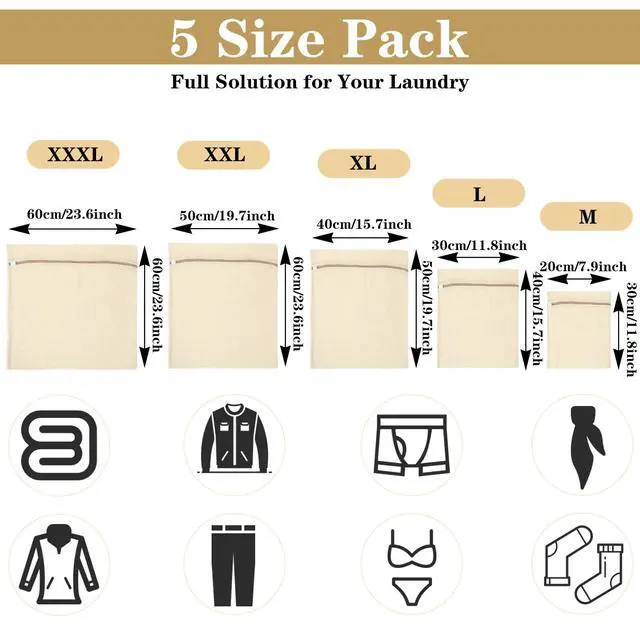 Alt view image 2 of 7 - 5 Pcs Cotton Mesh Laundry Bags, Sturdy Zipper Breathable Exquisite Wash Bags for Delicates, Underwear, Clothes, with 5 Sizes, Natural
