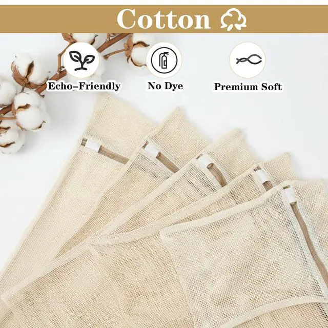 Alt view image 3 of 7 - 5 Pcs Cotton Mesh Laundry Bags, Sturdy Zipper Breathable Exquisite Wash Bags for Delicates, Underwear, Clothes, with 5 Sizes, Natural