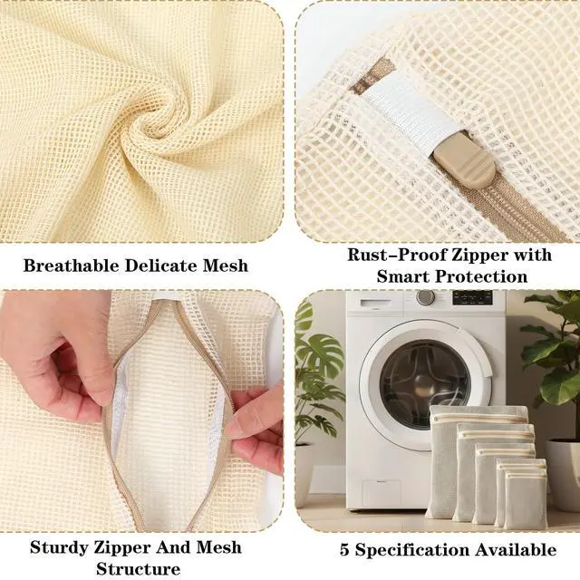 Alt view image 5 of 7 - 5 Pcs Cotton Mesh Laundry Bags, Sturdy Zipper Breathable Exquisite Wash Bags for Delicates, Underwear, Clothes, with 5 Sizes, Natural
