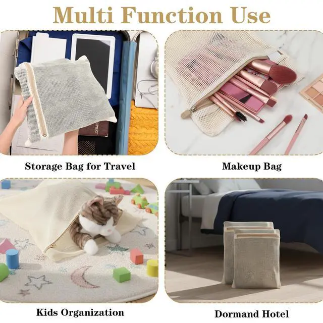 Alt view image 7 of 7 - 5 Pcs Cotton Mesh Laundry Bags, Sturdy Zipper Breathable Exquisite Wash Bags for Delicates, Underwear, Clothes, with 5 Sizes, Natural