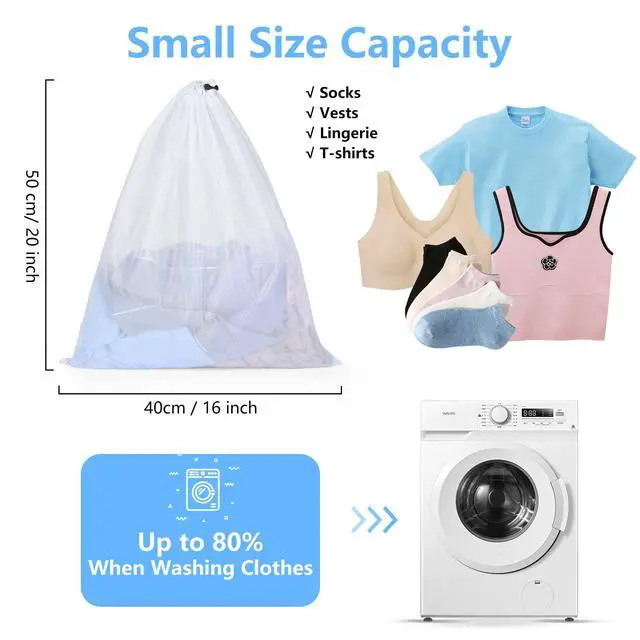 Alt view image 5 of 7 - 16x20 Inch Mesh Laundry Bags 2PCS Small Drawstring Dirty Clothes Washing Bag Machine Washable Delicates Bra Lingerie Socks Toy Garment Bag Dorm Don't Drying, Melting 140-176 White