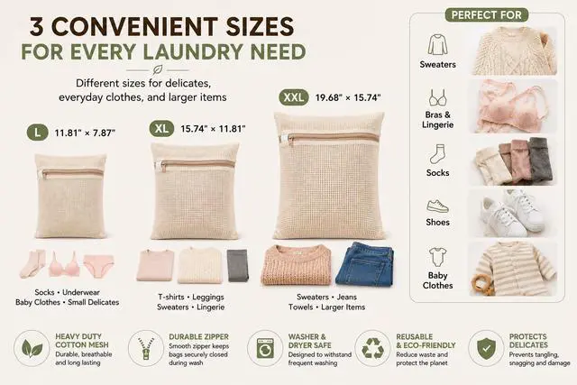 Alt view image 3 of 7 - 6-Pack Laundry Bags, Durable Cotton Mesh with Sturdy Zipper, Breathable Mesh Fabric, Ideal for Washing Underwear, Pants, Shoes, Socks and Delicate Garments