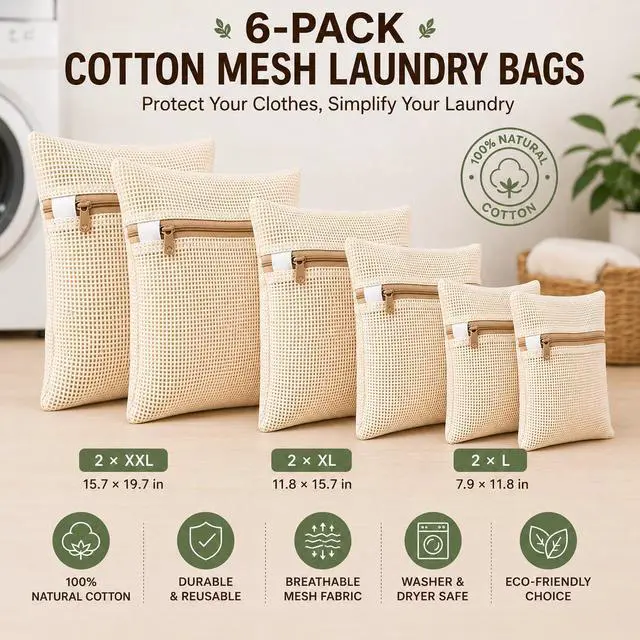 Alt view image 2 of 7 - 6-Pack Laundry Bags, Durable Cotton Mesh with Sturdy Zipper, Breathable Mesh Fabric, Ideal for Washing Underwear, Pants, Shoes, Socks and Delicate Garments