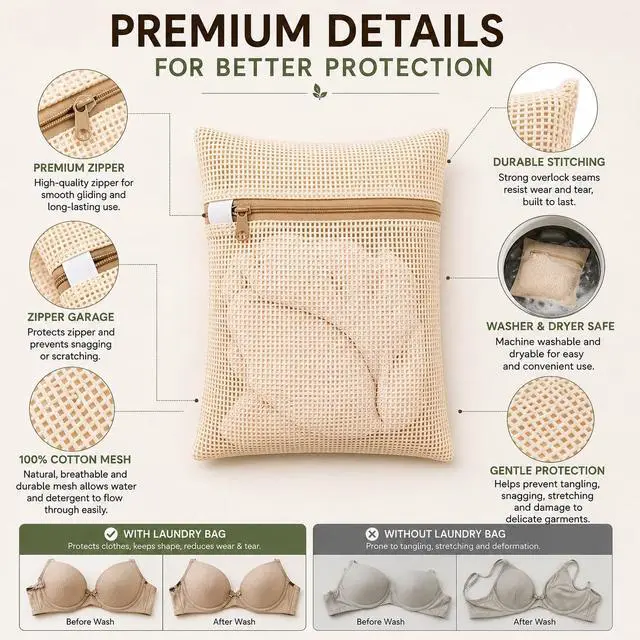 Alt view image 6 of 7 - 6-Pack Laundry Bags, Durable Cotton Mesh with Sturdy Zipper, Breathable Mesh Fabric, Ideal for Washing Underwear, Pants, Shoes, Socks and Delicate Garments