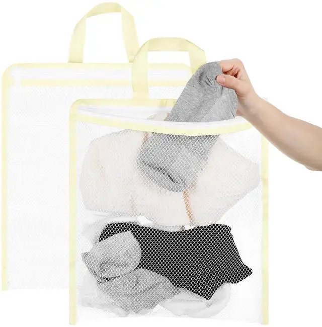 Main image of 2 Pcs Mesh Hanging Laundry Bags for Washing Mesh Lingerie Bags for Laundry Small Hanging Bag for Clothes Delicates Lingerie, 12.99 x 14.96in, Yellow Polyester, Medium Size