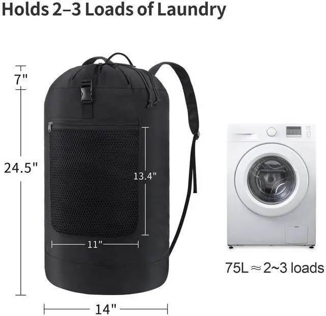 Alt view image 2 of 7 - Laundry Backpack Bag for College - 75L Laundry Bag, Black