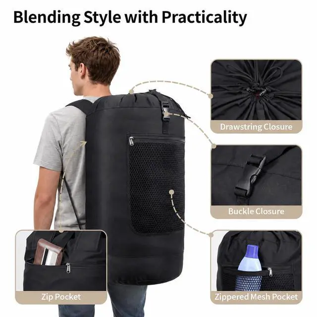 Alt view image 7 of 7 - Laundry Backpack Bag for College - 75L Laundry Bag, Black