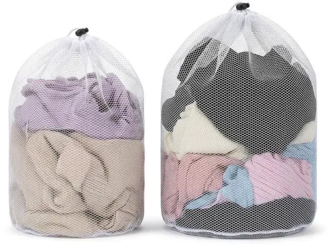 Main image of 2Pcs Mesh Laundry Bags, White Travel Small Laundry Sock Bag, Machine Washable Drawstring Mesh Bags, Sock Bag for Home Dorm Hotel Travel Use(12×16Inch, 16×20Inch)