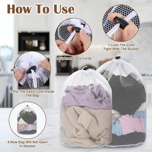 Alt view image 4 of 7 - 2Pcs Mesh Laundry Bags, White Travel Small Laundry Sock Bag, Machine Washable Drawstring Mesh Bags, Sock Bag for Home Dorm Hotel Travel Use(12×16Inch, 16×20Inch)