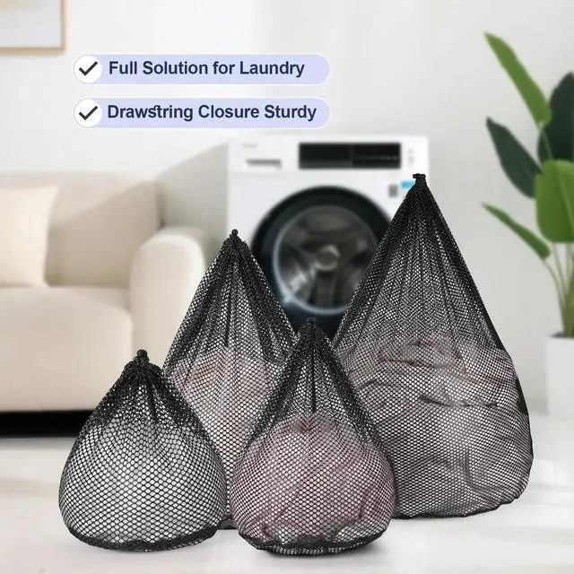 Alt view image 3 of 7 - 4Pcs Mesh Laundry Bags, Sturdy Laundry Bags for College, Dorm, Travel, Famliy and Apartment with Drawstring Closure(4 Szie, Black)