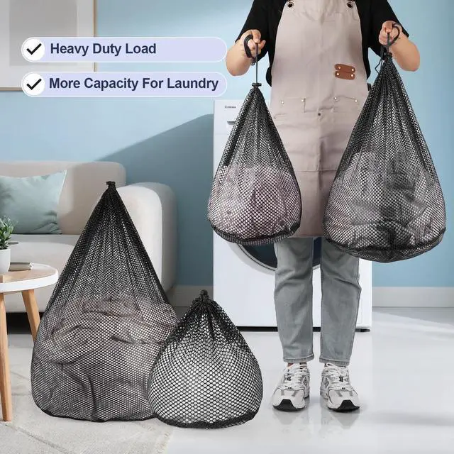 Alt view image 4 of 7 - 4Pcs Mesh Laundry Bags, Sturdy Laundry Bags for College, Dorm, Travel, Famliy and Apartment with Drawstring Closure(4 Szie, Black)