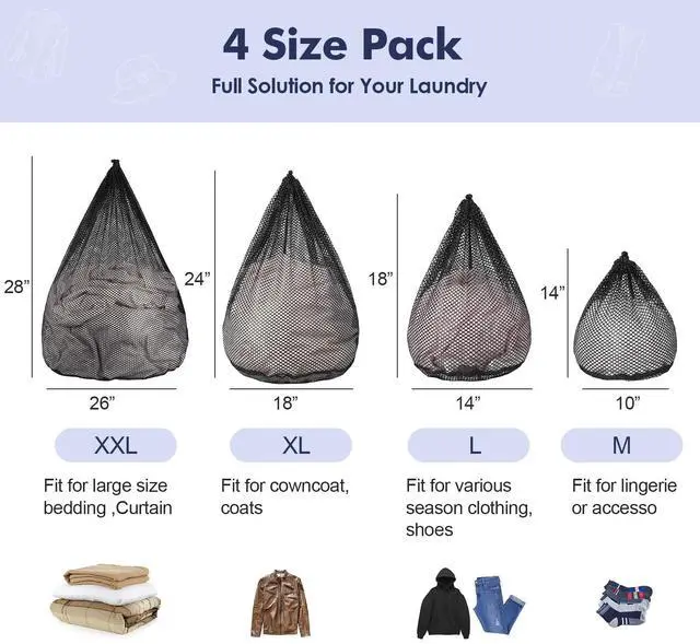 Alt view image 6 of 7 - 4Pcs Mesh Laundry Bags, Sturdy Laundry Bags for College, Dorm, Travel, Famliy and Apartment with Drawstring Closure(4 Szie, Black)