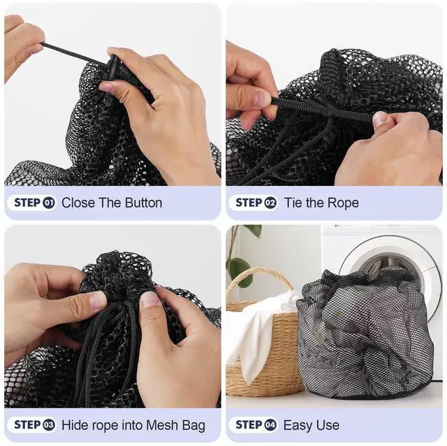 Alt view image 7 of 7 - 4Pcs Mesh Laundry Bags, Sturdy Laundry Bags for College, Dorm, Travel, Famliy and Apartment with Drawstring Closure(4 Szie, Black)