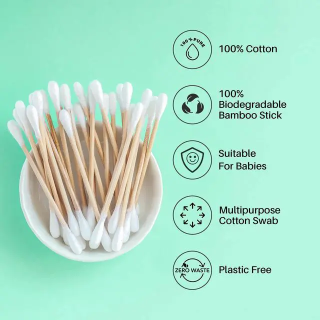 Alt view image 4 of 5 - 400 Bamboo Cotton Swabs, Dual Tipped, 3 Inch 100% Biodegradable Natural Cotton Qtips for Ears, Makeup, Cleaning, Home, Baby Care (400 Count)