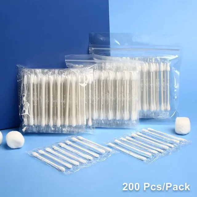 Alt view image 6 of 6 - Cotton Swab Individually Wrapped, 200 Count Natural Cotton Buds, Double Tipped Cotton Tips for Ear, Beauty Care, Cleaning (White, Double Round End)