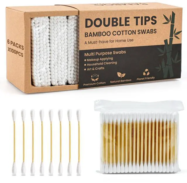 Main image of Bamboo Cotton Swabs 600 Count with Paper Box - Double Tipped Ear Swabs - Cotton Buds for Ear Wax Removal, Beauty Care, Nail Care, Crafts, Removing Dust & Dirt