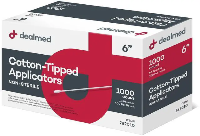 Main image of 6" Cotton-Tipped Wood Applicators 1,000 Non-Sterile Cotton-Tipped Applicators, 100 Applicators Per Pouch, Ideal for Application of Medication, Cleaning Skin, Arts and Crafts and More