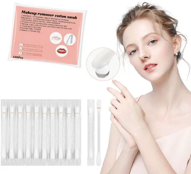 Main image of Cotton Swabs,Cotton Makeup Remover Swabs,Eye & Lip Sticks Remover,Liquid-Filled Makeup Remover Swabs Disposable Cotton Swabs for Eye/Lip/Eyebrow/Eyelash Makeup (Pack of 100)