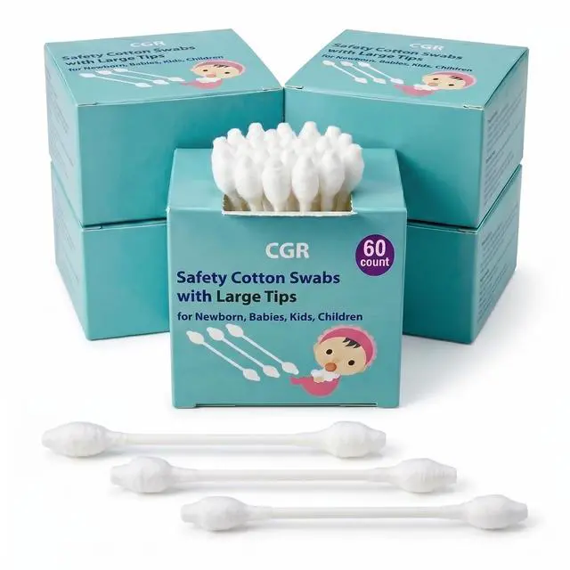 Main image of 300pcs CGR Baby Safety Cotton Swabs with Large Tips for Newborn, Babies, Kids, Children, 100% Organic Cotton, White Paper Sticks, 5 Pack of 60 Swabs Total(5 Paper Boxes)