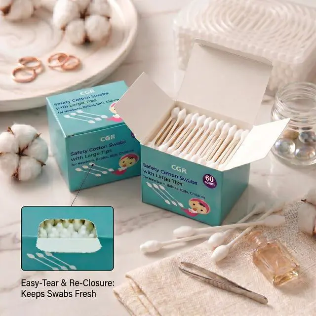 Alt view image 3 of 7 - 300pcs CGR Baby Safety Cotton Swabs with Large Tips for Newborn, Babies, Kids, Children, 100% Organic Cotton, White Paper Sticks, 5 Pack of 60 Swabs Total(5 Paper Boxes)